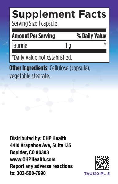 The supplement facts for an OHP Health Taurine capsule include serving size, daily value, other ingredients, distributor info, and a QR code. This product supports cardiovascular health effectively.