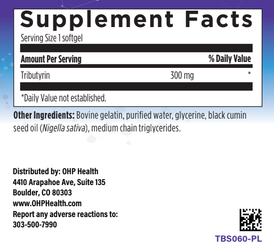 The "Tributyrin | 60ct" by OHP Health features a supplement facts label showcasing CoreBiome tributyrin at 300 mg per serving for gut health, alongside other ingredients and distributor contact details.