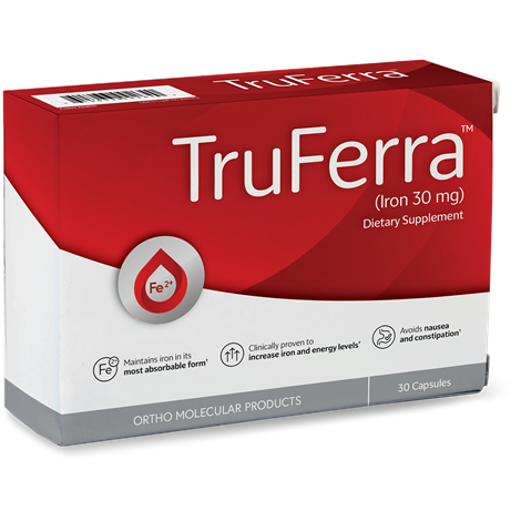 A red and white box of TruFerra | 30Ct by Ortho Molecular Products, a non-constipating iron supplement containing 30 capsules with 30 mg iron.