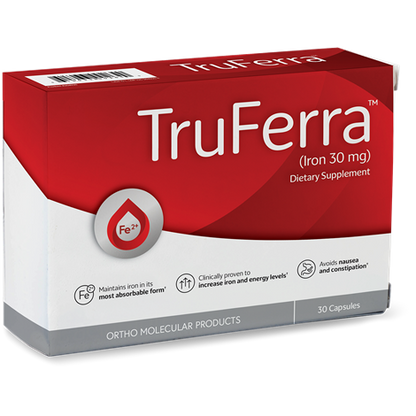 A red and white box of TruFerra | 30Ct by Ortho Molecular Products, a non-constipating iron supplement containing 30 capsules with 30 mg iron.