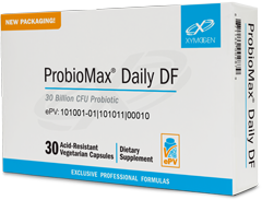 A white box with blue and black text for ProbioMax® Daily DF 30 Capsules by XYMOGEN®.