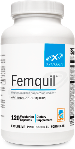 A white bottle with black text for Femquil® 120 Capsules by XYMOGEN® for estrogen detoxification.