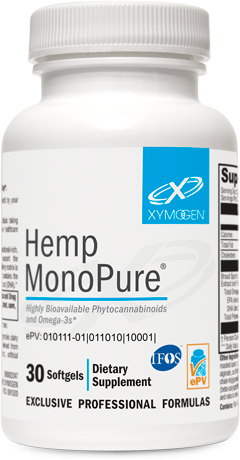 A white bottle with a blue label containing XYMOGEN® Hemp MonoPure® 30 Softgels.