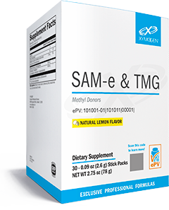 A XYMOGEN® SAM-e & TMG Lemon 30 Servings box with blue text.