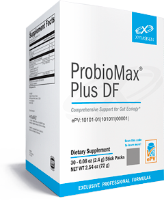 A white box with blue text displaying ProbioMax® Plus DF 30 Servings.