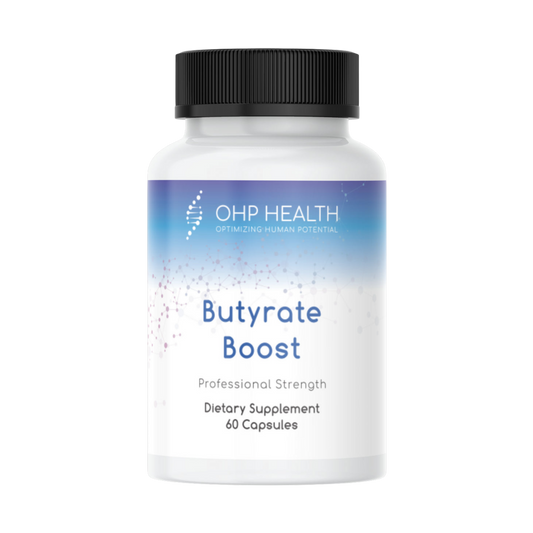 A bottle of Butyrate Boost | 60 caps by OHP Health.