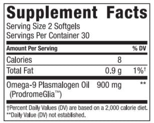 Prodrome Omega 9 fatty acid and ProdromeGlia Plasmalogen supplement label.