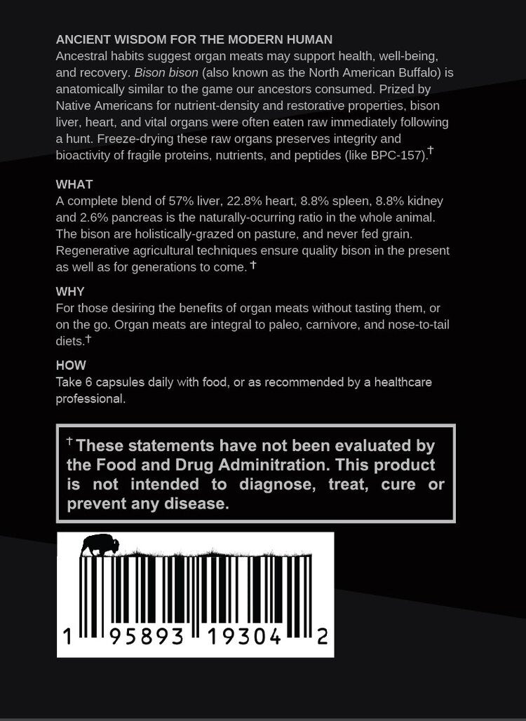 The back of a Paleo Plex (Grass-Fed Bison Liver & Organ Complex) book with a barcode on it, by Folsom Point Nutrition.
