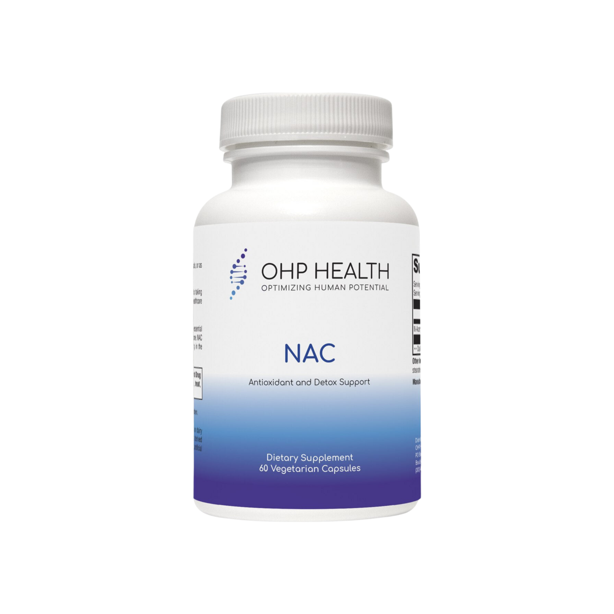 White bottle labeled "NAC 1200mg | 60 count" by OHP Health, containing vegetarian capsules with N-Acetyl-L-Cysteine to boost glutathione for antioxidant support and detoxification.
