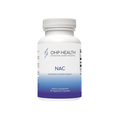 White bottle labeled "NAC 1200mg | 60 count" by OHP Health, containing vegetarian capsules with N-Acetyl-L-Cysteine to boost glutathione for antioxidant support and detoxification.