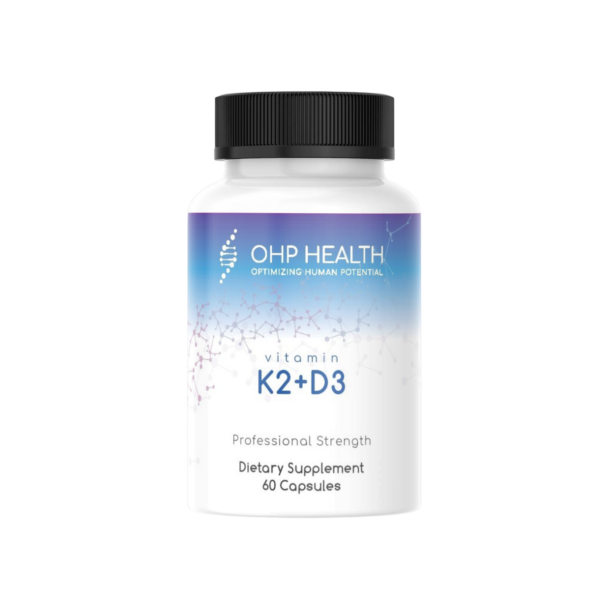 A bottle of K2+D3 Vitamin | 60 count with a black background from OHP Health.