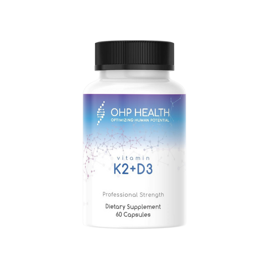 A bottle of K2+D3 Vitamin | 60 count with a black background from OHP Health.