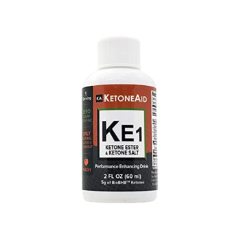 A bottle of KetoneAid KE1 (Ketone Ester & Ketone Salt Blend) on a black background.