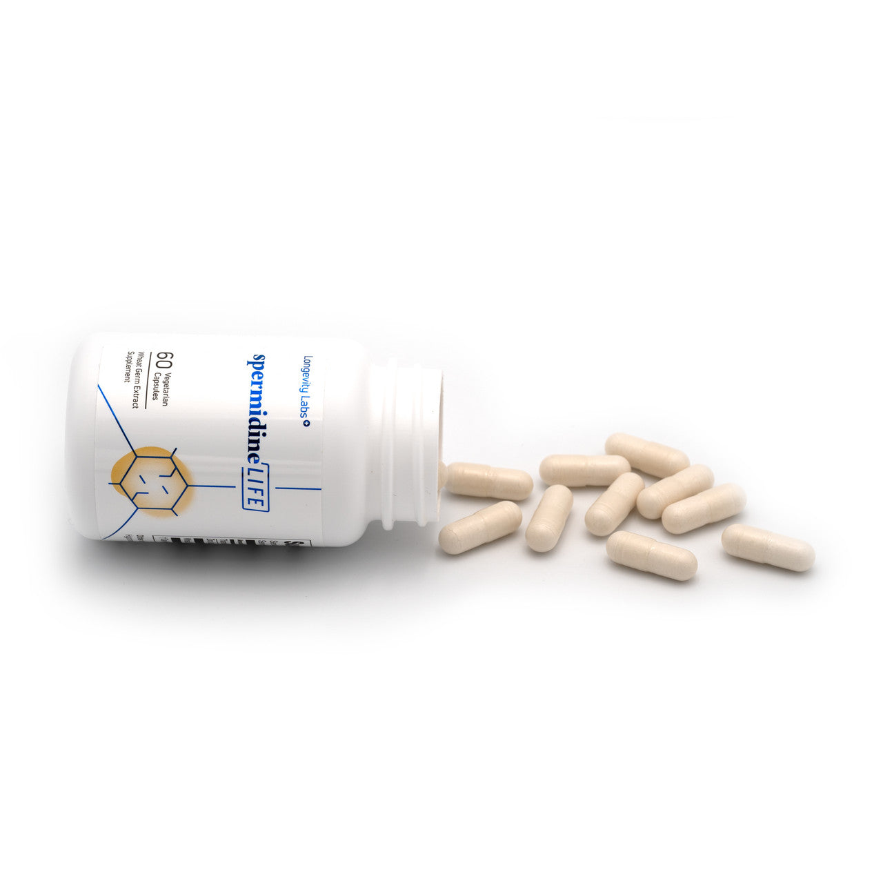 A bottle of spermidineLIFE® Original 800mg Dietary Supplement capsules on a white background.