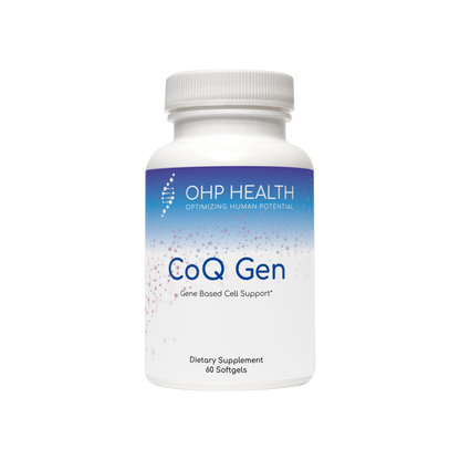 A white bottle labeled "OHP Health CoQ Gen | 200mg 60 ct," containing 60 dietary supplement softgels.