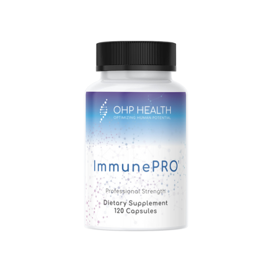 A longevity-boosting bottle of ImmunePRO by OHP Health featuring 120 capsules showcased on a black background.
