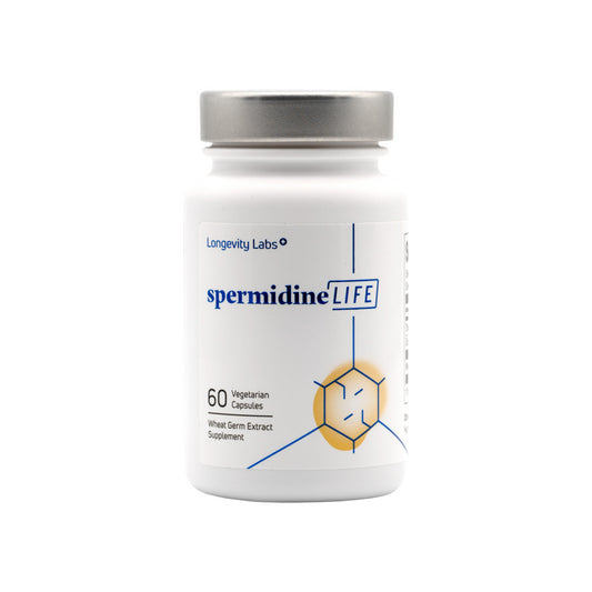 A white bottle labeled "spermidineLIFE® Original 800mg Dietary Supplement" from Longevity Labs, Inc contains 60 vegetarian capsules with a spermidine supplement derived from wheat germ extract, promoting cellular renewal.