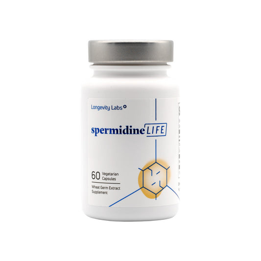 A bottle of spermidineLIFE® Original 800mg Dietary Supplement by spermidineLIFE on a white background.