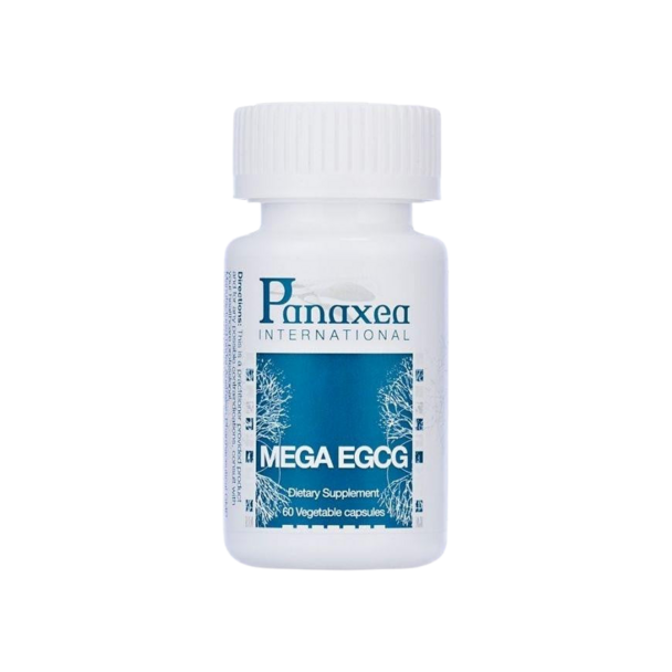 A bottle of Mega EGCG supplements by Panaxea for lifespan enhancement on a black background.