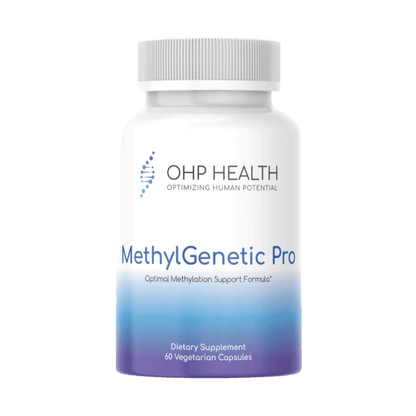 A bottle of MethylGenetic Pro, a supplement by OHP Health that supports longevity.