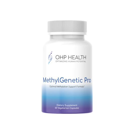 A bottle of MethylGenetic Pro, a supplement by OHP Health that supports longevity.