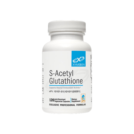 A bottle of S-Acetyl Glutathione, a dietary supplement consisting of 120 acid-resistant DRcaps™ vegetarian capsules from XYMOGEN®, is designed to support oxidative stress biomarkers.