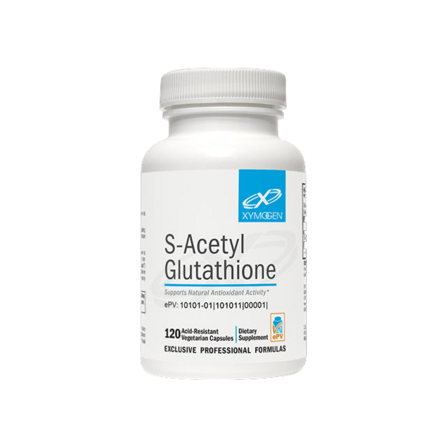 Xymogen's S-Acetyl Glutathione capsules, available in a 120-count, are recommended.