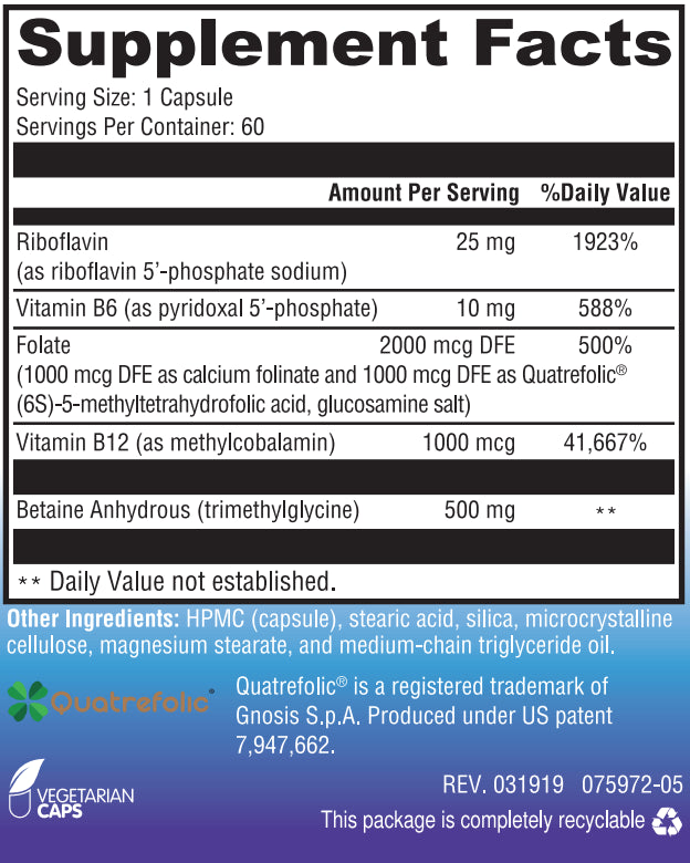 MethylGenetic Pro is a comprehensive formula designed to support optimal methylation and help maintain healthy homocysteine levels already within normal range. It features five key nutrients that are involved in homocysteine metabolism: folate as calcium folinate and Quatrefolic for increased bioactivity; trimethylglycine; and vitamins B12, B6, and B2.These five nutrients, provided in activated forms, support enhanced methylation and overall cardiovascular health.