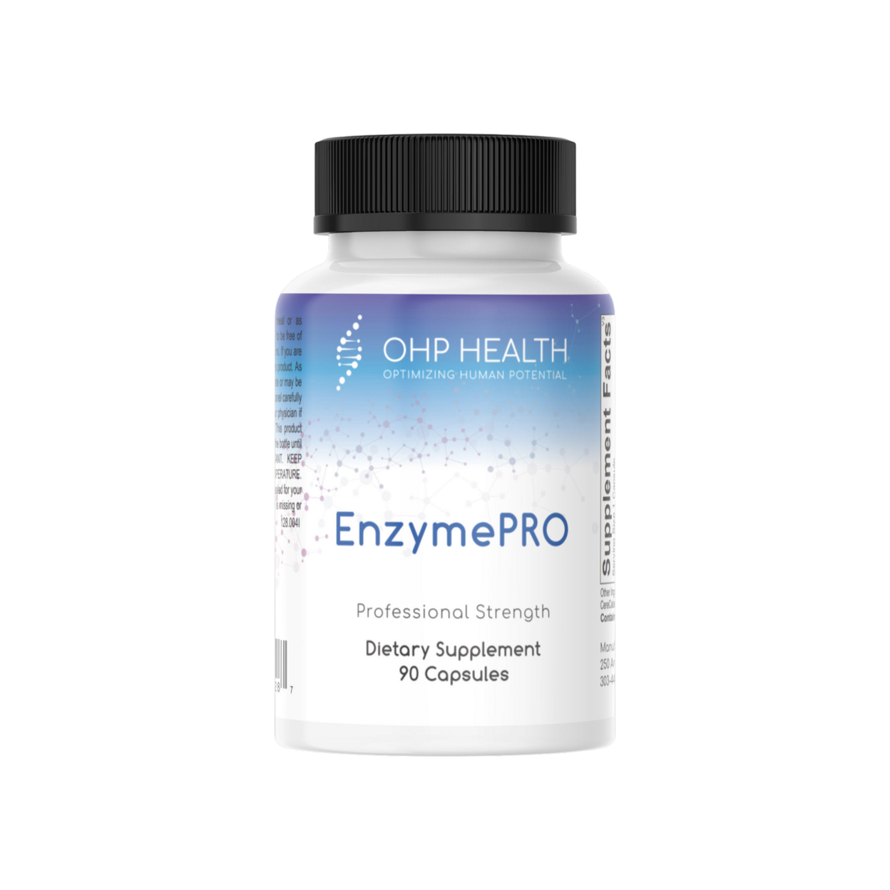 A bottle of EnzymePro | 90 caps with a black background.