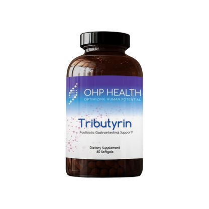 A bottle of Tributyrin 60ct by OHP Health.