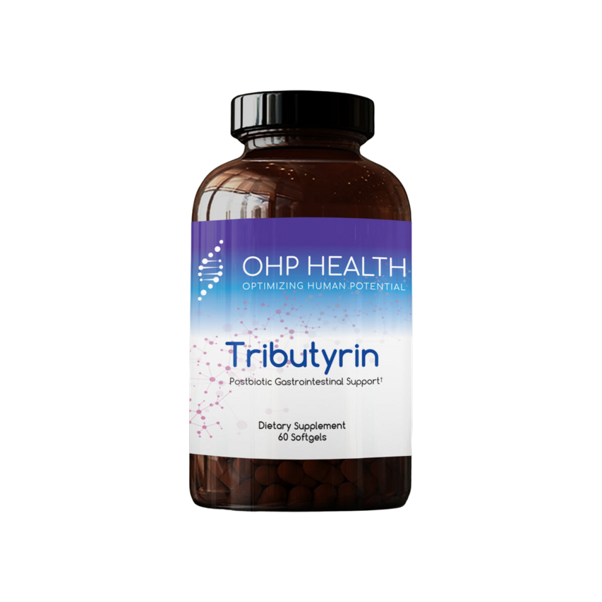 A bottle of Tributyrin 60ct by OHP Health.