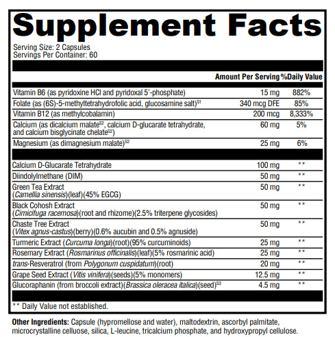 A FemOPT | 120 count supplement label showing the ingredients of an OHP Health supplement.