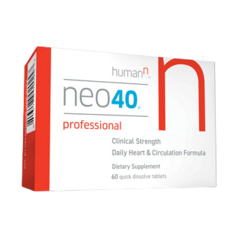 Box of Neo40 Professional by HumanN, a daily heart and circulation formula, featuring 60 quick-dissolve tablets. Enriched with Nitric Oxide to support cardiovascular health, these dietary supplements are designed for efficient absorption and optimal benefits.