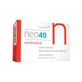 Box of Neo40 Professional by HumanN, a daily heart and circulation formula, featuring 60 quick-dissolve tablets. Enriched with Nitric Oxide to support cardiovascular health, these dietary supplements are designed for efficient absorption and optimal benefits.