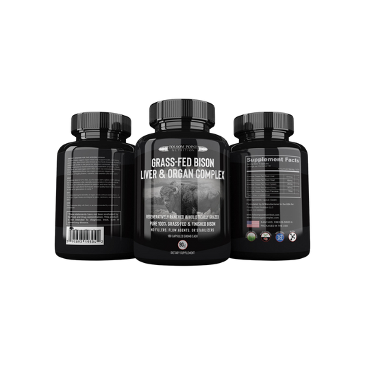 A bottle of Paleo Plex (Grass-Fed Bison Liver & Organ Complex) supplements on a black background.