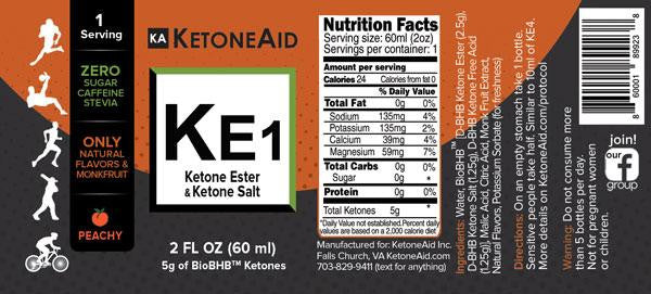 The label for Ketone Ester & Ketone Salt Blend (KE1) | 60ml by KetoneAid.