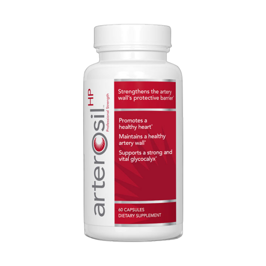 A bottle of Arterosil Artery Support with a red bottle on a black background.