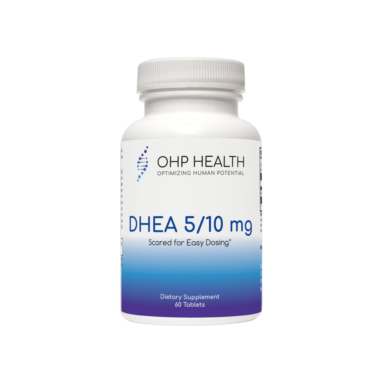 A bottle of DHEA 5-10mg Scored, 60 tab by OHP Health.