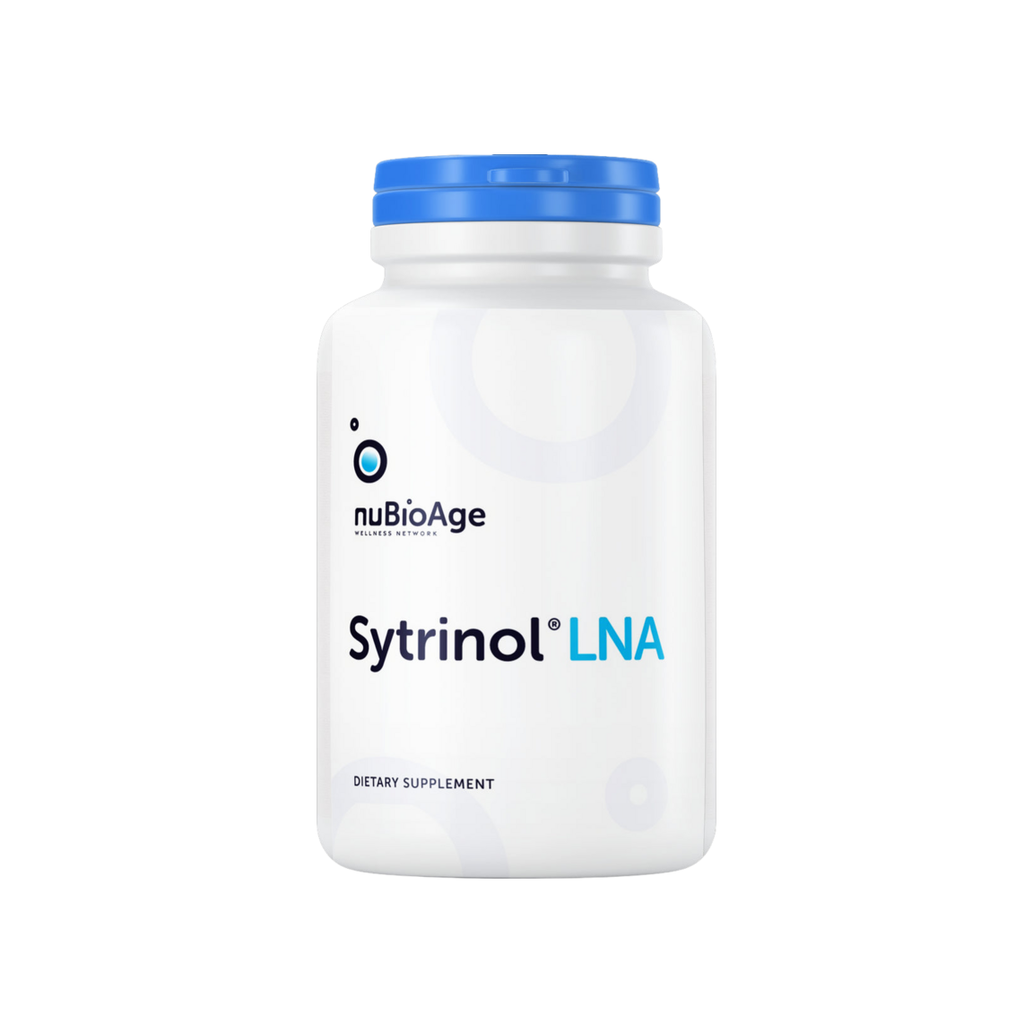 Sytrinol LNA supplement promoting longevity and OHP health displayed on black background.