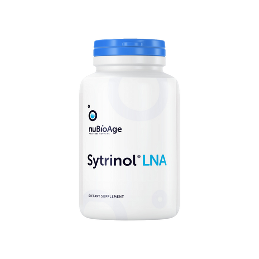Sytrinol LNA supplement promoting longevity and OHP health displayed on black background.