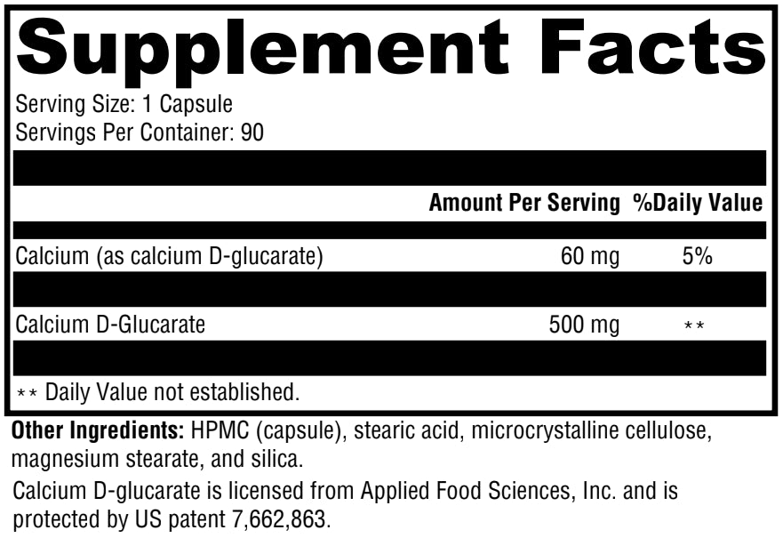Calcium D-Glucarate is the supplemental, patented calcium salt form of D-glucaric acid—a substance produced naturally in the body and obtained through consumption of certain fruits and vegetables. Calcium D-glucarate has been extensively studied by researchers at the MD Anderson Cancer Center, and its health benefits are largely attributed to inhibition of beta-glucuronidase; this activity supports the body’s ability to detoxify estrogens, xenobiotics, and fat soluble toxins.*