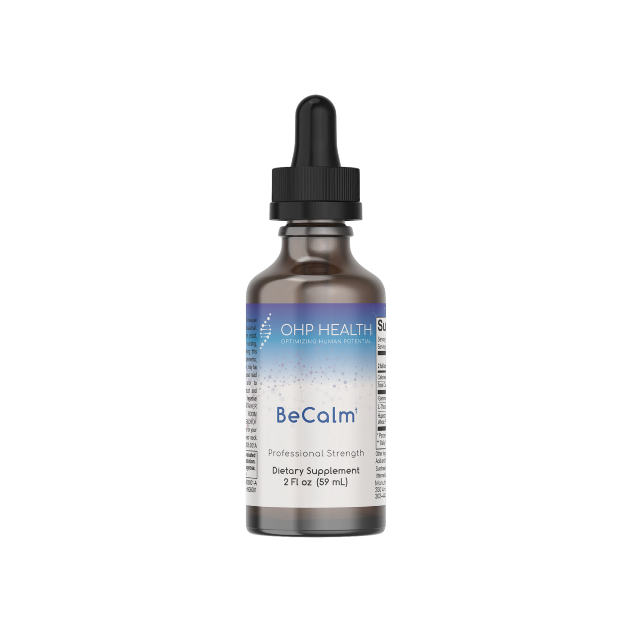 A bottle of BeCalm CBD oil by OHP Health on a black background.