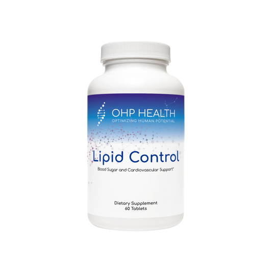 A bottle of Lipid Control|60 count by OHP Health, a supplement for lifespan health, on a black background.