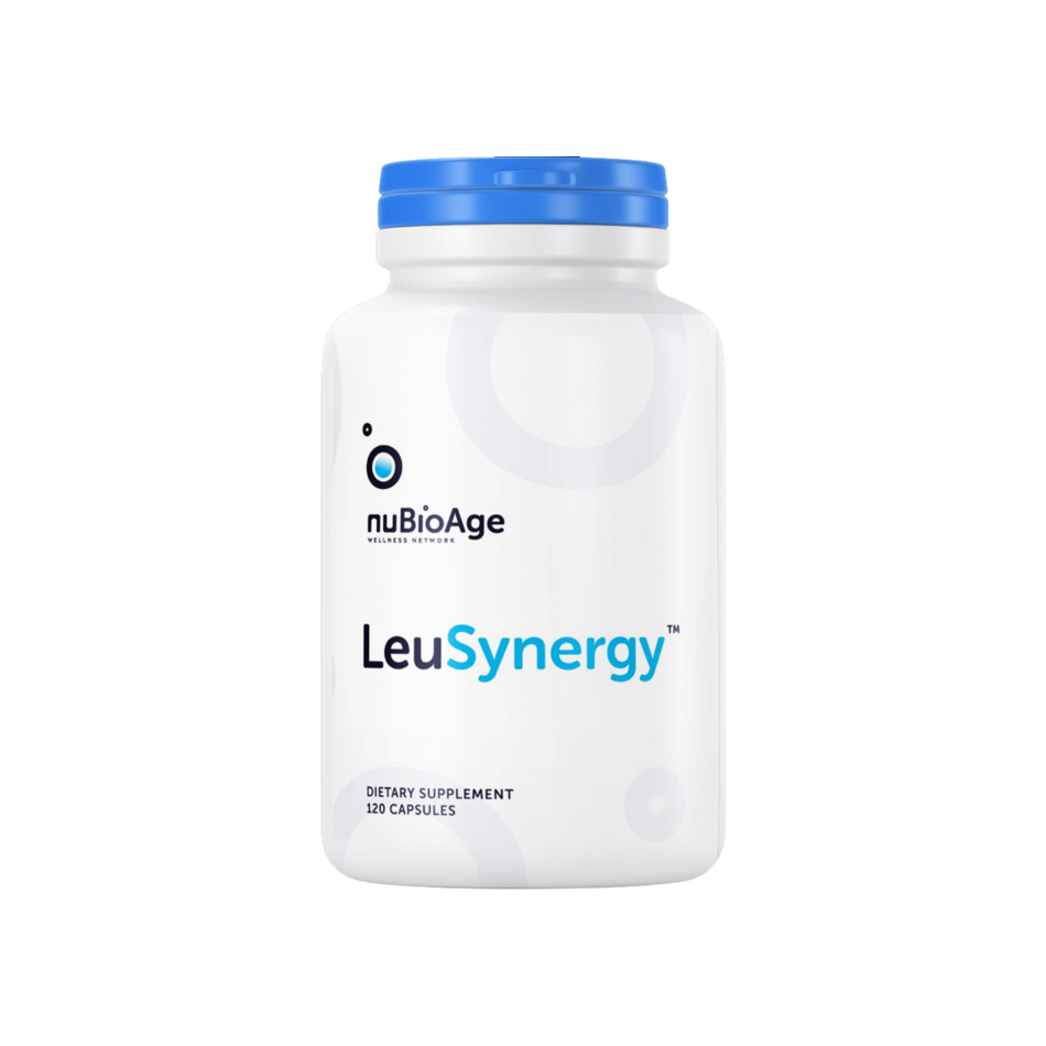 A bottle of LeuSynergy Compound | 120 Caps by Nubio Age on a black background.