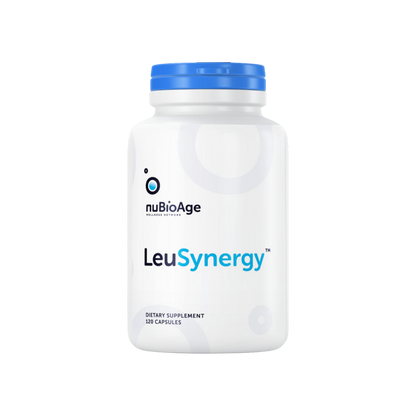 A bottle of LeuSynergy Compound | 120 Caps by Nubio Age on a black background.