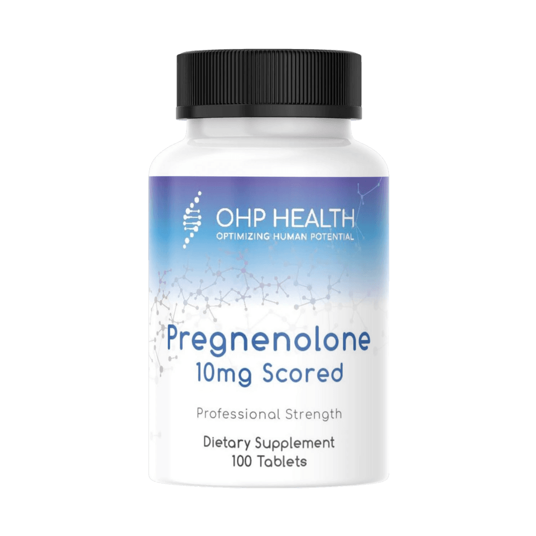 A bottle of OHP Health pregnenolone | 10mg Scored, 100 count linseed oil.