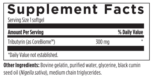 A label showing the ingredients of the Tributyrin | 60ct supplement by OHP Health.