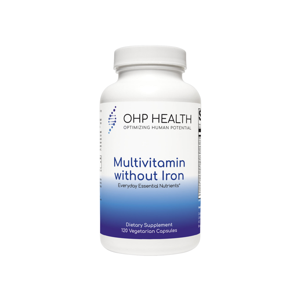A bottle of Multivitamin Without Iron | 120 count by OHP Health.