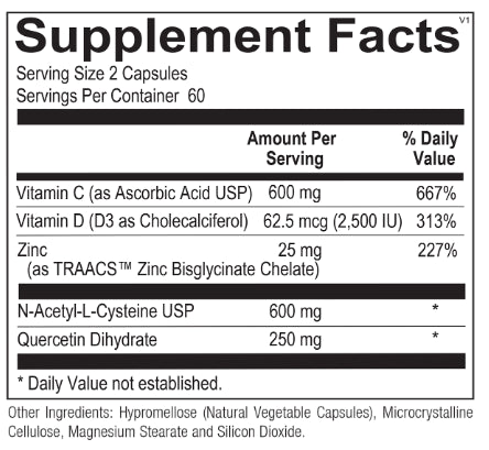 ImmunePro is a targeted blend of nutrients designed to provide a broad-spectrum support to the body’s immune reserves. The formula includes quercetin, a powerful bioflavonoid that aids in supporting the immune system. Vitamin C and N-acetyl cysteine are potent antioxidants that promote respiratory function and support the function of quercetin. Vitamin D and zinc are important micronutrients needed to create a robust immune reserve. This powerful combination works to promote healthy respiratory and immune f