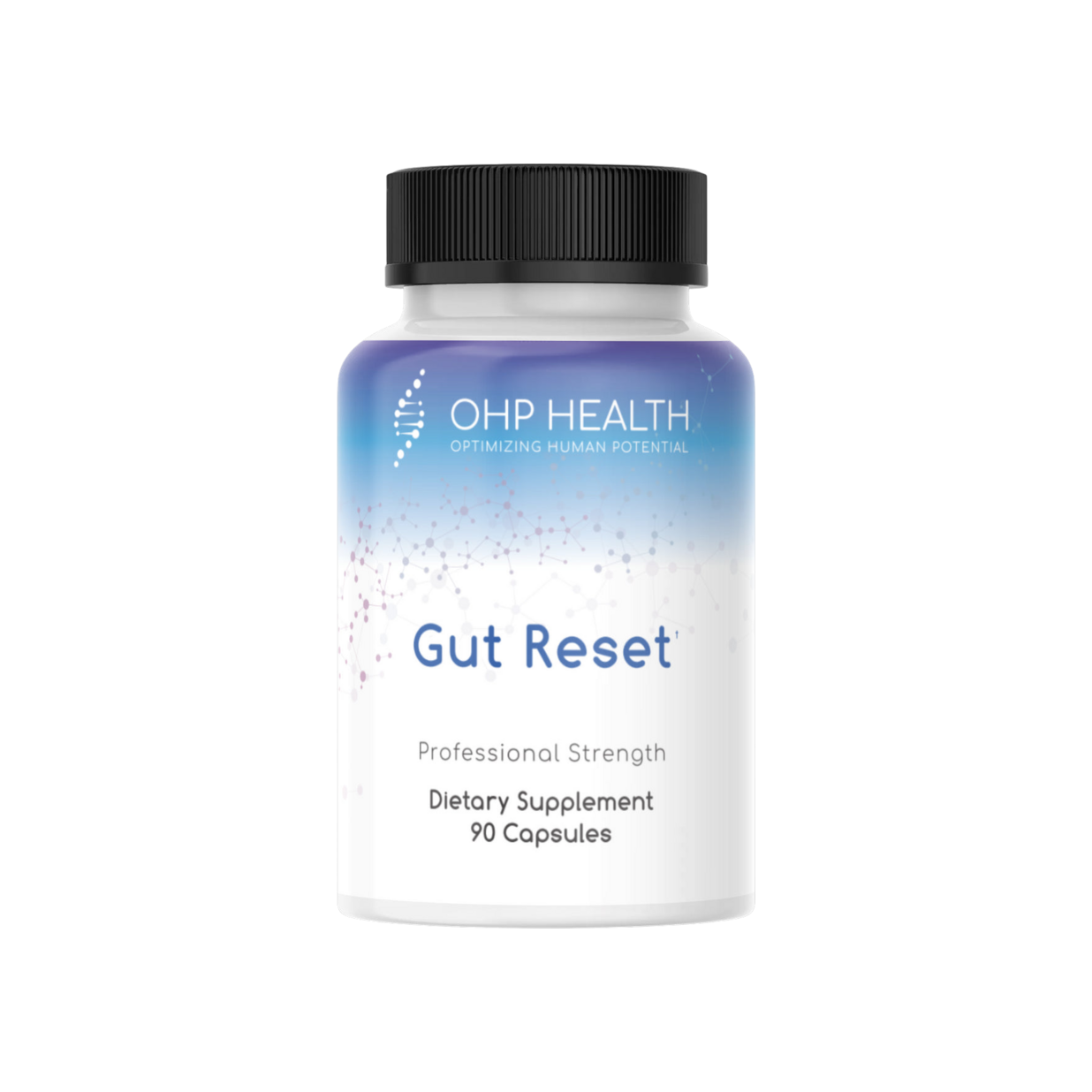 A bottle of Gut Reset | 90 caps by OHP Health with a black background.